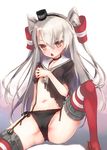  amatsukaze_(kantai_collection) black_panties blush brown_eyes chestnut_mouth dress garter_straps grey_hair highres kantai_collection lace lace-trimmed_panties long_hair looking_at_viewer namanie navel open_mouth panties red_legwear sailor_dress side-tie_panties simple_background solo thighhighs torn_clothes torn_dress two_side_up underwear white_background 