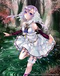  animal_ears bare_shoulders blue_eyes detached_sleeves dress forest long_hair nature original pisuke purple_hair solo thigh_strap water white_dress 