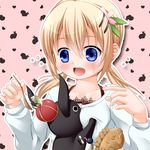  alternate_hairstyle animal anko_(gochiusa) blonde_hair blue_eyes blush bunny casual crown food gochuumon_wa_usagi_desu_ka? hair_ornament hairclip heart holding hoto_cocoa kanna_hisashi long_sleeves low_twintails mini_crown open_mouth outline pink_background shirt spoon sweatdrop taiyaki twintails upper_body wagashi 