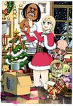  armored_titan blonde_hair blue_eyes blush boots capelet christa_renz christmas colossal_titan dancing_titan dress emblem female_titan highres kneeling looking_at_viewer nobita santa_costume shingeki_no_kyojin short_hair solo survey_corps_(emblem) titan_(shingeki_no_kyojin) toy 