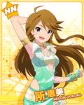  armlet artist_request blue_eyes bracelet brown_hair character_name choker earrings fingerless_gloves gloves hand_on_own_head idolmaster idolmaster_million_live! jewelry long_hair looking_at_viewer million_dreams official_art smile solo tokoro_megumi yellow_background 
