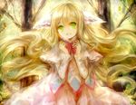  1girl blonde_hair fairy_tail forest green_eyes long_hair looking_at_viewer mavis_vermilion nature smile solo 