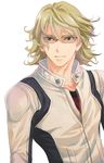 barnaby_brooks_jr blonde_hair expressionless glasses green_eyes highres jacket male_focus mikuni_saho solo tiger_&amp;_bunny 