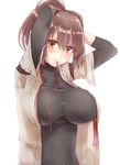  bad_id bad_pixiv_id blush bow breasts brown_eyes brown_hair combing hair_bow hair_ribbon highres impossible_clothes impossible_shirt ise_(kantai_collection) japanese_clothes kantai_collection large_breasts nametake_(nekoyasya12172) ponytail ribbon shirt short_hair smile solo 