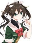  brown_hair green_eyes hair_ribbon kantai_collection long_hair looking_at_viewer open_mouth protected_link ribbon short_sleeves simple_background smile solo taiki_(ozone) tone_(kantai_collection) twintails v white_background white_ribbon 