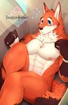  abs anthro anun biceps big_muscles blue_eyes blush bracelet brown_fur brown_nose canine fox fur jewelry lying male mammal mumu202 muscles nipples nude on_back orange_fur pecs pose raised_leg sitting solo sweat toned white_fur 