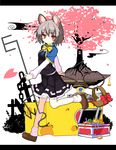  absurdres animal_ears bishamonten's_pagoda cheese cherry_blossoms food greatmosu grey_hair highres ideolo_(style) letterboxed mouse mouse_ears mouse_tail nazrin parody petals red_eyes rod smile solo style_parody tail touhou treasure_chest 