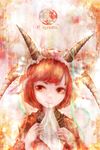  1girl capricorn character_request closed_mouth female highres horns looking_at_viewer mouth_hold red_eyes red_hair short_hair smile solo source_request zhang_xiao_bo 