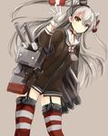  absurdres amatsukaze_(kantai_collection) brown_eyes dress garter_straps grey_hair grey_neckwear haik hair_tubes highres kantai_collection long_hair looking_at_viewer neckerchief rensouhou-kun sailor_dress short_dress simple_background solo striped striped_legwear thighhighs white_background zettai_ryouiki 