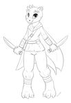  anthro claws clothed clothing dungeons_&amp;_dragons female horn jamesfoxbr kobold looking_at_viewer monochrome plain_background reptile rogue scalie smile solo standing sword thief weapon white_background 