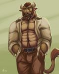  abs anthro beard belt biceps big_muscles bovine brown_fur brown_hair cattle clothing facial_hair facial_piercing fur green_background green_eyes grin hair horn looking_at_viewer male mammal muscles nose_piercing nose_ring open_shirt pants pecs piercing plain_background pose rrowdybeast shirt sideburns smile solo standing tan_fur toned 