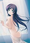  alternate_breast_size alternate_hairstyle ass blanket breasts curtains from_behind green_eyes hair_down long_hair looking_back love_live! love_live!_school_idol_project medium_breasts nipples open_mouth purple_hair see-through slowpit smile solo toujou_nozomi window 
