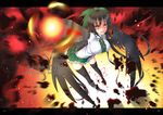  arm_cannon bad_id bad_pixiv_id black_hair black_legwear black_wings bow copyright_name crushing gmot hair_bow long_hair open_mouth red_eyes reiuji_utsuho solo subterranean_animism symbol-shaped_pupils touhou weapon wings 