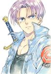  agahari blue_eyes dragon_ball dragon_ball_z highres jacket male_focus purple_hair solo sword traditional_media trunks_(dragon_ball) weapon 