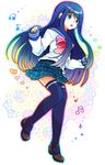  blue_eyes blue_hair blush danganronpa danganronpa_1 hair_ornament hairclip heart highres long_hair maizono_sayaka mikan_tabetai musical_note open_mouth school_uniform serafuku solo thighhighs zettai_ryouiki 