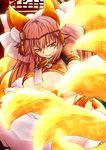  amaterasu_(fate) animal_ears breasts fate/extra fate/extra_ccc fate_(series) fox_ears fox_tail kemonomimi_mode large_breasts lipstick makeup pink_hair smirk solo tail tamamo_(fate)_(all) tamamo_no_mae_(fate) twintails underboob urako yellow_eyes 