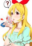  ? aikatsu! aikatsu!_(series) blonde_hair blue_eyes blue_hair blush character_doll clearite hair_ribbon heart highres hoshimiya_ichigo kiriya_aoi licking long_hair looking_at_viewer open_mouth red_eyes ribbon side_ponytail skirt smile solo spoken_heart spoken_question_mark 