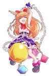  alphes_(style) armpits arms_up belt blonde_hair bow chain closed_eyes dairi full_body hair_bow horn_ribbon horns ibuki_suika long_hair low-tied_long_hair open_mouth parody ribbon shirt skirt sleeveless sleeveless_shirt smile solo style_parody touhou transparent_background very_long_hair weights 
