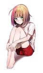  ahoge androgynous bad_id bad_twitter_id barefoot blonde_hair blush erubo feet full_body leg_hug looking_at_viewer male_focus multicolored_hair original otoko_no_ko pink_hair shirt short_hair shorts simple_background sitting solo t-shirt theodor_bachstein toes white_background 