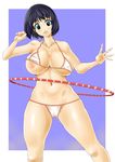  1girl areolae artist_request bare_shoulders bikini black_hair blue_eyes blue_hair blush breasts character_request green_eyes highres hoop hula_hoop large_breasts legs looking_down navel nipple_slip nipples open_mouth roshutsu_daisuki!_3 ryoushun short_hair simple_background smile solo source_request swimsuit thighs 
