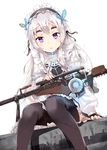  :o bad_id bad_pixiv_id blush butterfly_hair_ornament chaika_trabant dress frills gun hair_ornament hair_ribbon hairband hitsugi_no_chaika lolita_hairband long_hair long_sleeves looking_at_viewer puffy_sleeves purple_eyes ribbon rifle silver_hair sitting sniper_rifle solo thighhighs weapon yukizumi_remon 