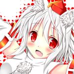 animal_ears bare_shoulders blush breasts detached_sleeves fang happy hat hino_(kagami) inubashiri_momiji looking_at_viewer open_mouth pom_pom_(clothes) short_hair silver_hair skirt small_breasts smile solo tokin_hat touhou wolf_ears 