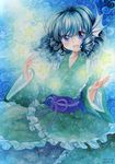  blue_eyes blue_hair head_fins highres japanese_clothes kimono long_sleeves looking_at_viewer mermaid monster_girl mosho obi open_mouth paint_(medium) sash smile solo star touhou traditional_media wakasagihime watercolor_(medium) wide_sleeves 