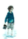  blue_eyes brown_hair highres hood hoodie khunpol male_focus nagi_no_asukara sakishima_hikari shoes_removed shorts wading water 