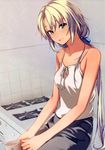  absurdres bare_arms bare_shoulders blonde_hair camisole cup green_eyes hair_ribbon highres kagamigawa_chloe kamo_(gafas) lips long_hair looking_at_viewer low_ponytail memories_off memories_off_6 mug ribbon scan sitting smile solo stove very_long_hair 