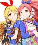  aikatsu! aikatsu!_(series) blonde_hair blush bow brown_eyes clearite fingerless_gloves gloves guitar hair_bow hair_ribbon highres hoshimiya_ichigo instrument long_hair looking_at_viewer microphone multiple_girls one_eye_closed open_mouth otoshiro_seira pink_hair ponytail puffy_sleeves red_eyes ribbon smile 