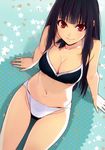  absurdres arm_support bare_shoulders black_hair breasts cleavage collarbone from_above highres leaning_back long_hair looking_at_viewer looking_back medium_breasts memories_off memories_off_yubikiri_no_kioku morii_shizuki nagumo_kasumi navel red_eyes scan sitting smile solo star 