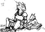  armor child duo humanoid kobold monochrome mother parent reading reptile scalie sitting together unknown_artist young 