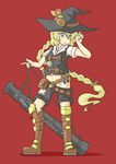  absurdres alternate_costume alternate_hairstyle at4 belt belt_pouch blonde_hair boots borisx braid buckle hat highres kirisame_marisa knee_boots knife long_hair midriff panties pocket_watch pouch red_background rocket_launcher sheath sheathed short_sleeves shorts solo touhou underwear very_long_hair vest vial watch weapon white_panties witch_hat 