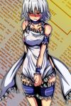  apron apron_pull armband background_text blush braid breasts collarbone covered_nipples embarrassed eyebrows frills izayoi_sakuya large_breasts leg_garter looking_at_viewer naked_apron nose_blush red_eyes short_hair silver_hair solo teikoku_gensui thigh_strap touhou twin_braids wristband 