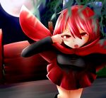  :o blouse blurry bow bridge cape depth_of_field full_moon hair_bow hand_on_own_face kaisenpurin leaning_forward light_trail long_sleeves looking_at_viewer moon night outdoors pleated_skirt red_eyes red_hair red_moon sekibanki short_hair skirt solo touhou v willow 