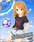  artist_request ball blue_background card_(medium) character_name diamond_(symbol) idolmaster idolmaster_cinderella_girls long_hair official_art purple_eyes soccer_ball solo yuuki_haru 