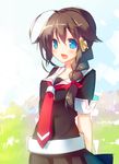  ahoge arms_behind_back blue_eyes blue_vert braid brown_hair hair_ornament hair_over_shoulder hairclip kantai_collection long_hair neckerchief open_mouth red_neckwear shigure_(kantai_collection) single_braid skirt smile solo 