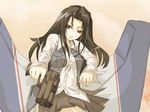  aircraft airplane black_hair breasts brown_eyes f-15_eagle fighter_jet finger_on_trigger gangsta_hold gun handgun holding holding_gun holding_weapon jet long_hair mecha_musume medium_breasts michikusa_(roadksa) military military_vehicle original personification pistol pleated_skirt skirt solo vest weapon wings 