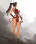  aconitea bad_id bad_pixiv_id breasts brown_hair cleavage closed_fan fan folding_fan hand_on_hip highres japanese_clothes large_breasts long_hair pelvic_curtain ponytail profile revealing_clothes shiranui_mai solo standing the_king_of_fighters 