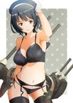  beret black_bra black_hair black_legwear black_panties bra breasts garter_belt gloves hat kantai_collection lace lace-trimmed_bra large_breasts navel panties red_eyes short_hair side-tie_panties smile solo takao_(kantai_collection) thighhighs underwear underwear_only white_gloves yunsuku 