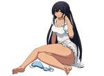  absurdres bare_shoulders barefoot black_hair blue_eyes breasts captain_earth cleavage dark_skin full_body highres hu_sea large_breasts long_hair mutou_hana no_panties simple_background smile solo very_long_hair white_background 