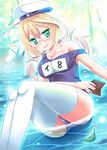  aqua_eyes blonde_hair book glasses hat i-8_(kantai_collection) kantai_collection long_hair looking_at_viewer one-piece_swimsuit partially_submerged school_swimsuit sharasohju smile solo swimsuit thighhighs twintails white_legwear 