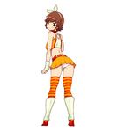  bare_shoulders belt boots brown_hair earrings from_behind full_body hair_ribbon hairband high_heel_boots high_heels honda_mio idolmaster idolmaster_cinderella_girls jewelry light_brown_eyes looking_at_viewer looking_back minazuki_tooru orange_skirt panties pantyshot pantyshot_(standing) ribbon short_hair simple_background skindentation skirt smile solo standing star star_earrings striped striped_legwear sunset_nostalgie tank_top thighhighs underwear white_background white_panties 