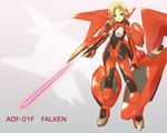  ace_combat adf-01_falken aircraft airplane arm_cannon blonde_hair blue_eyes bodysuit breasts character_name fighter_jet high_heels jet laser medium_breasts michikusa_(roadksa) military military_vehicle personification weapon 