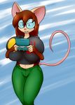  3ds abstract_background anthro big_breasts bluegieman breasts clothing eyewear female glasses huge_breasts hyper hyper_breasts mammal milkette milkjunkie mouse mrs._pac_man oogzie rodent solo 