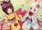  animal_ears black_hair blue_eyes blush braids brown_eyes cat_smile catgirl chocolat_(sayori) japanese_clothes kimono original pink_hair sayori scan tail vanilla_(sayori) 