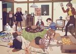  5girls akagi_ritsuko alcohol ayanami_rei bag beer blonde_hair blue_hair box brown_hair coat denim everyone figure food fruit full_body glasses hairband ikari_shinji jeans jenga kaji_ryouji katsuragi_misato kotatsu long_hair long_legs makinami_mari_illustrious mandarin_orange messy_room mole mole_under_eye mozzu multiple_boys multiple_girls nagisa_kaworu necktie neon_genesis_evangelion orange_hair pants pantyhose penpen ponytail rebuild_of_evangelion short_hair skirt souryuu_asuka_langley sweater table television white_hair 