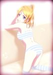  ayase_eli blonde_hair bra love_live! love_live!_school_idol_project musical_note oku_no_shi over-kneehighs panties purple_eyes short_hair solo striped striped_bra striped_legwear striped_panties thighhighs underwear underwear_only 