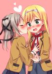  2girls blazer blonde_hair blush collared_shirt couple green_eyes hair_ornament hair_ribbon hairband heart highres hina_logi_-_from_luck_&amp;_logic holding jacket kiss liones_yelistratova long_hair long_sleeves multiple_girls nina_alexandrovna open_blazer open_clothes open_jacket open_mouth red_neckwear ribbon school_uniform shirt silver_hair simple_background sk02 skirt smile twintails white_shirt wing_collar yuri 