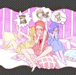  3girls bad_id bad_pixiv_id banned_artist blonde_hair blue_hair blush calme_(pokemon) casual dress gen_1_pokemon gen_6_pokemon kudari_(pokemon) lajournee_(pokemon) lanuit_(pokemon) lesoir_(pokemon) meowstic multiple_boys multiple_girls nobori_(pokemon) on_bed pillow pokemon pokemon_(creature) pokemon_(game) pokemon_bw pokemon_xy red_hair siblings sisters speech_bubble tribute wigglytuff 